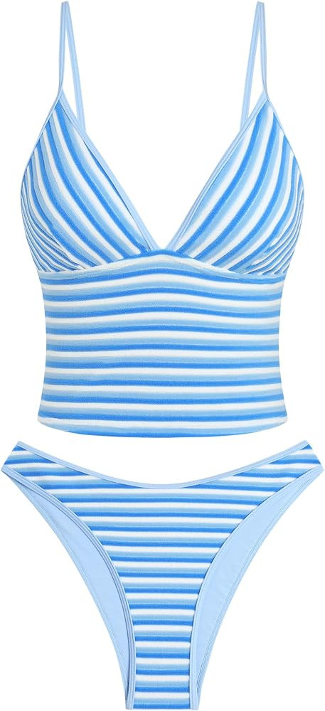Adjustable Spaghetti Strap, Sexy Plunging Neck, Tummy Control Tank Top, Tie Side Cheeky Bikini Bo... | Amazon (US)