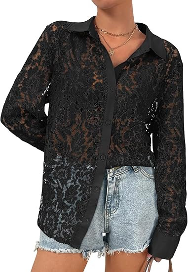 Wyeysyt Lace Blouse for Women Sheer Lace Long Sleeve Top Elegant Dressy Shirt Ladies Tops and Blo... | Amazon (US)