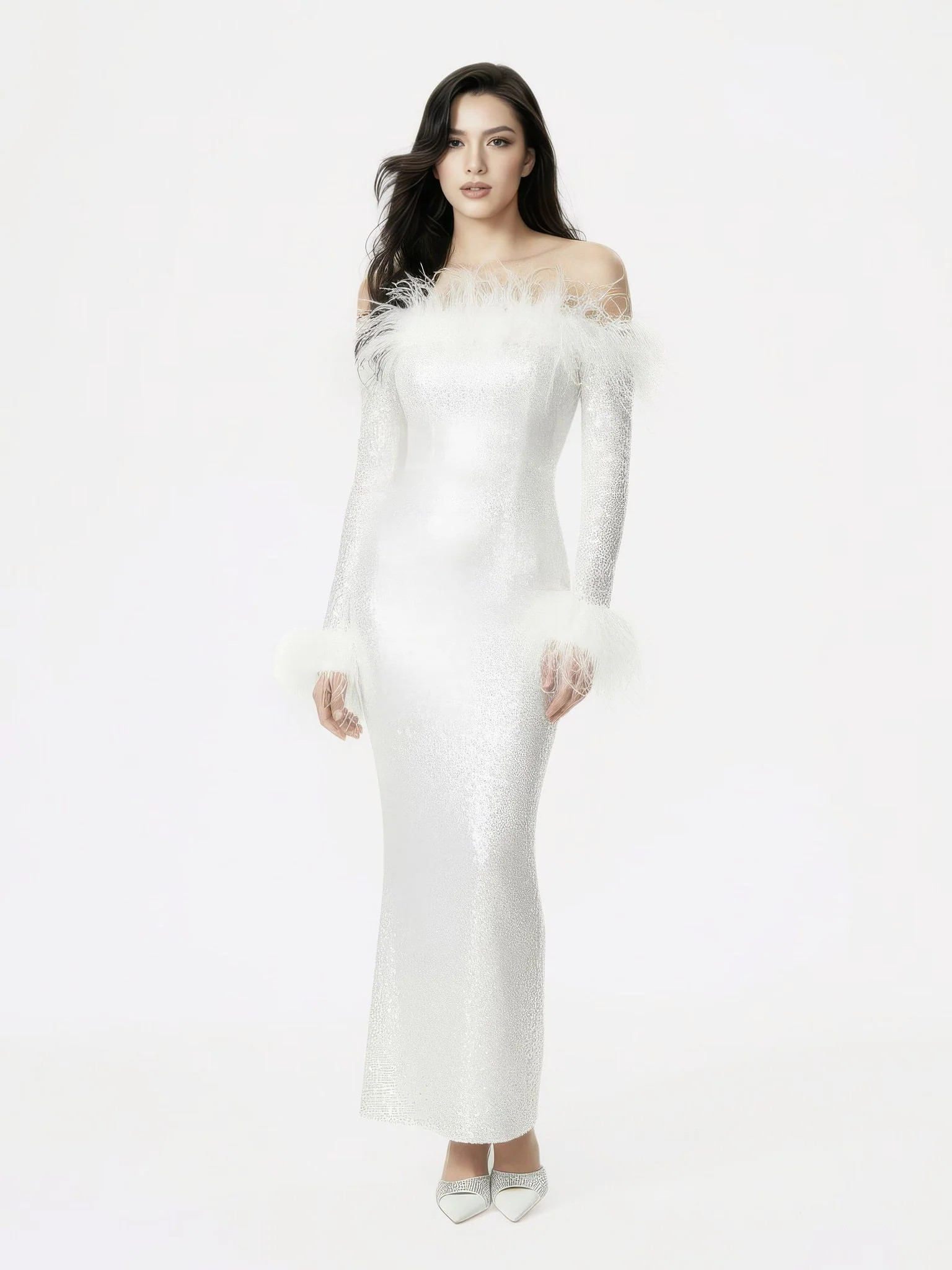 Neva Sequin Maxi Dress (White) | Designer Holiday Party Dress | Nana Jacqueline