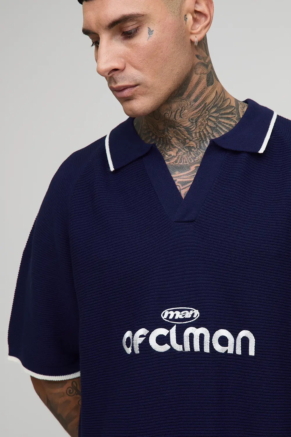 Navy boohooMAN Tall Ribbed Knit Embroidered Football Shirt | Boohoo USA | boohoo (US & Canada)