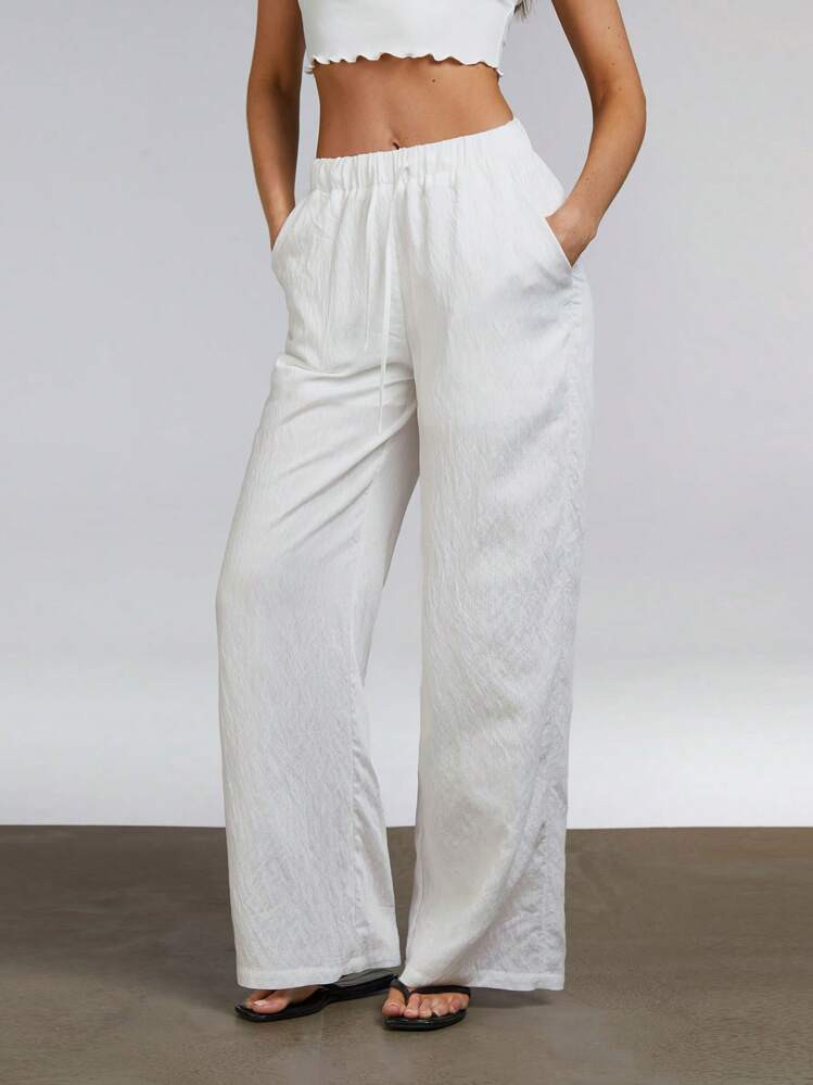 Athîral Women's Textured Linen Look Drawstring Straight Leg Casual Trouser | SHEIN