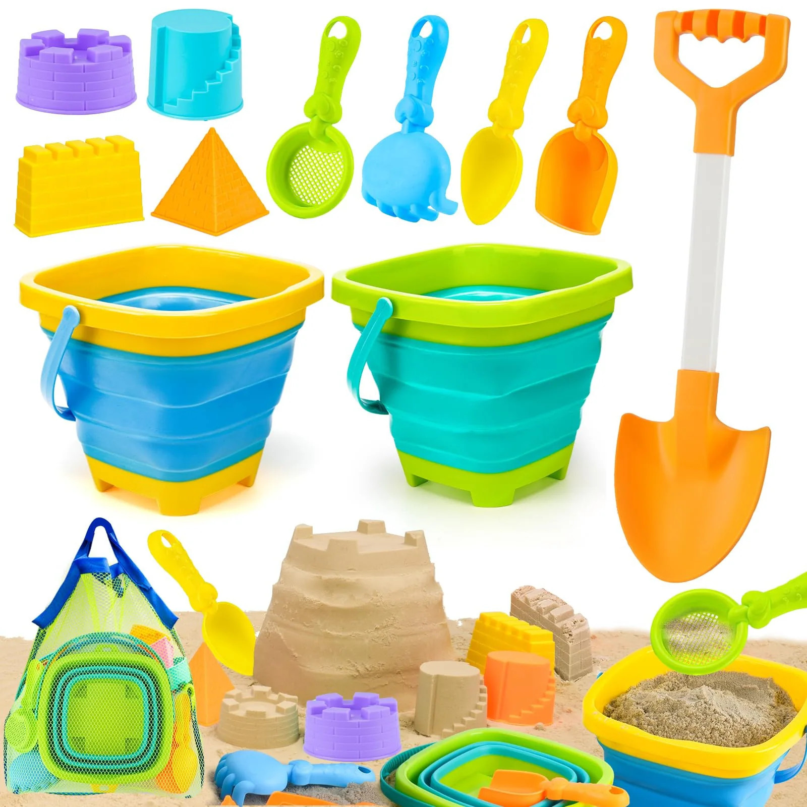 Adrinfly 11 Piece Collapsible Beach Toys Set for Kids Ages 3-8 Includes 2 Sand Buckets 4 Shovels 4 Castle Molds Large Shovel and Storage Bag | Lowe's