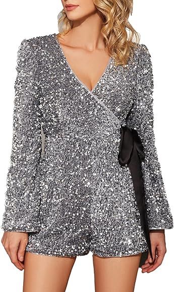 EXTRO&VERT Sequin Romper for Women Sparkly One Piece Jumpsuit Long Sleeve Disco Party Outfit | Amazon (US)