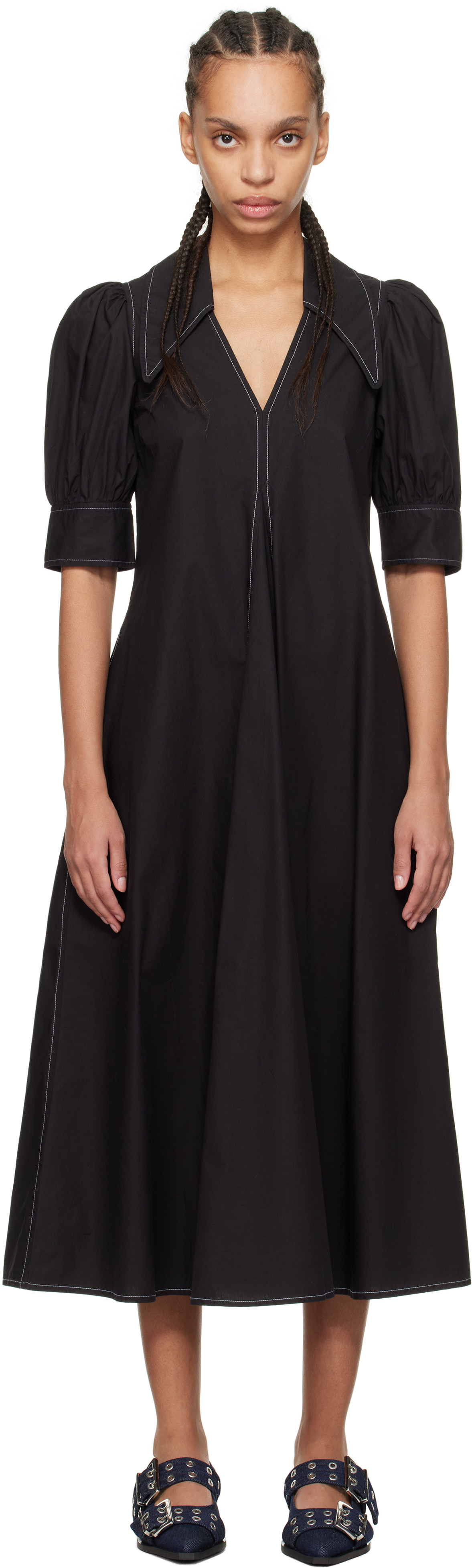 GANNI Black Cotton Poplin V-Neck Midi Dress | SSENSE