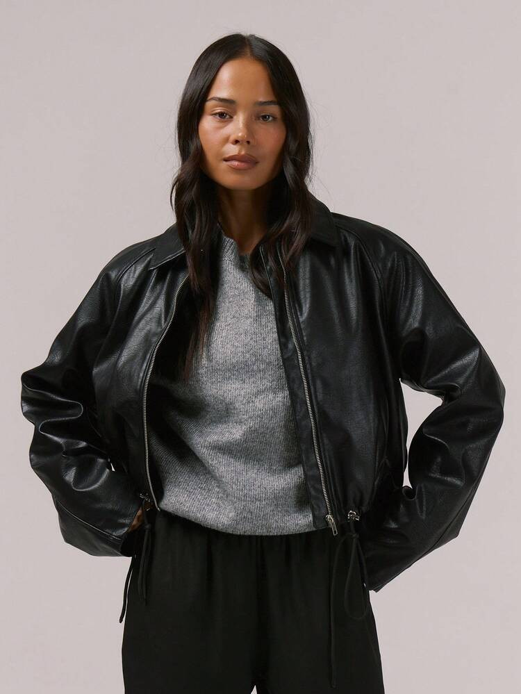 MUSERA Collared Faux Leather Cinched Drawstring Waist Ruched Jacket Classy Sexy Cute Night Out Vacation Autumn Fall Winter Outerwear September Elegant | SHEIN