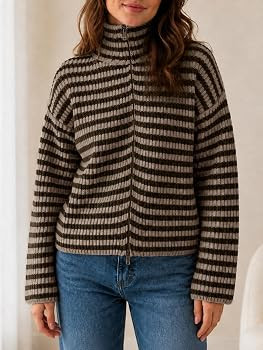 Saodimallsu Womens Striped Zip Up Sweaters Mock Neck 2026 Fall Trendy Casual Long Sleeve Loose Fi... | Amazon (US)
