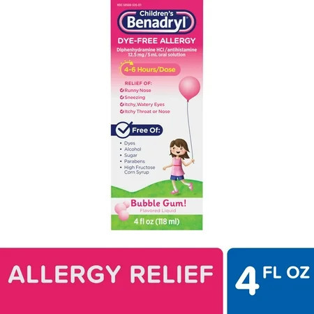 Children's Benadryl Dye-Free Allergy Liquid, Bubble Gum, 4 fl. oz | Walmart (US)