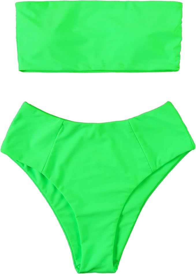 OMKAGI Women's 2 Pieces Bandeau Bikini Swimsuits Off Shoulder High Waist Bathing Suit High Cut | Amazon (US)