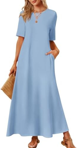 MEROKEETY Summer Spring Maxi Dresses for Women 2026 Casual Vacation Crew Neck Short Sleeve Long T... | Amazon (US)