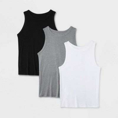 Women's Slim Fit Ribbed 3pk Bundle Tank Top - A New Day™ Black/White/Gray 1X | Target