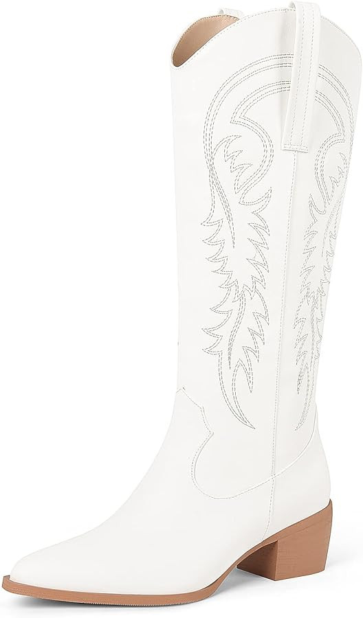 Women Cowboy Boots Western Embroidered Knee High Wide Calf Country Boots Chunky Heel Retro Classi... | Amazon (US)