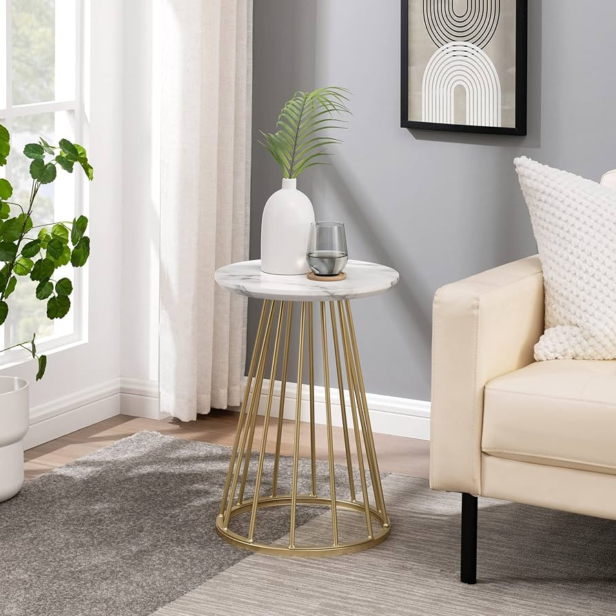 Walker Edison Vivv Modern Round Metal-Base Side Table, 16 Inch, Faux White Marble/Gold | Amazon (US)