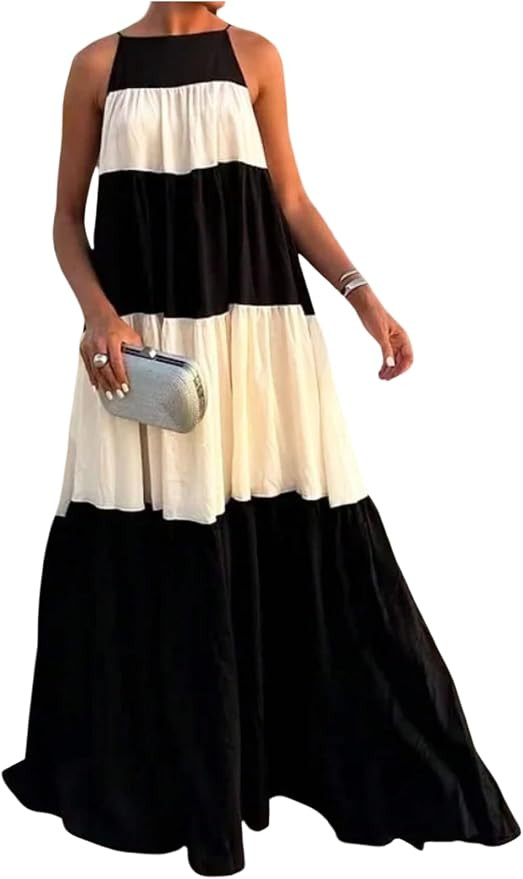 Milumia Women's Striped Maxi Dress Color Block Tie Shoulder Cami Dresses | Flowy, Spaghetti Strap... | Amazon (US)