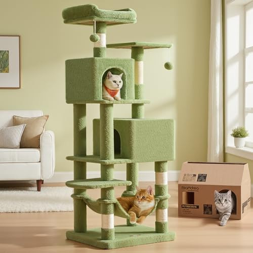 Feandrea Cat Tree, 59.5-Inch Tall Cat Tower, Multi-Level Condo, Grass Green | Amazon (US)