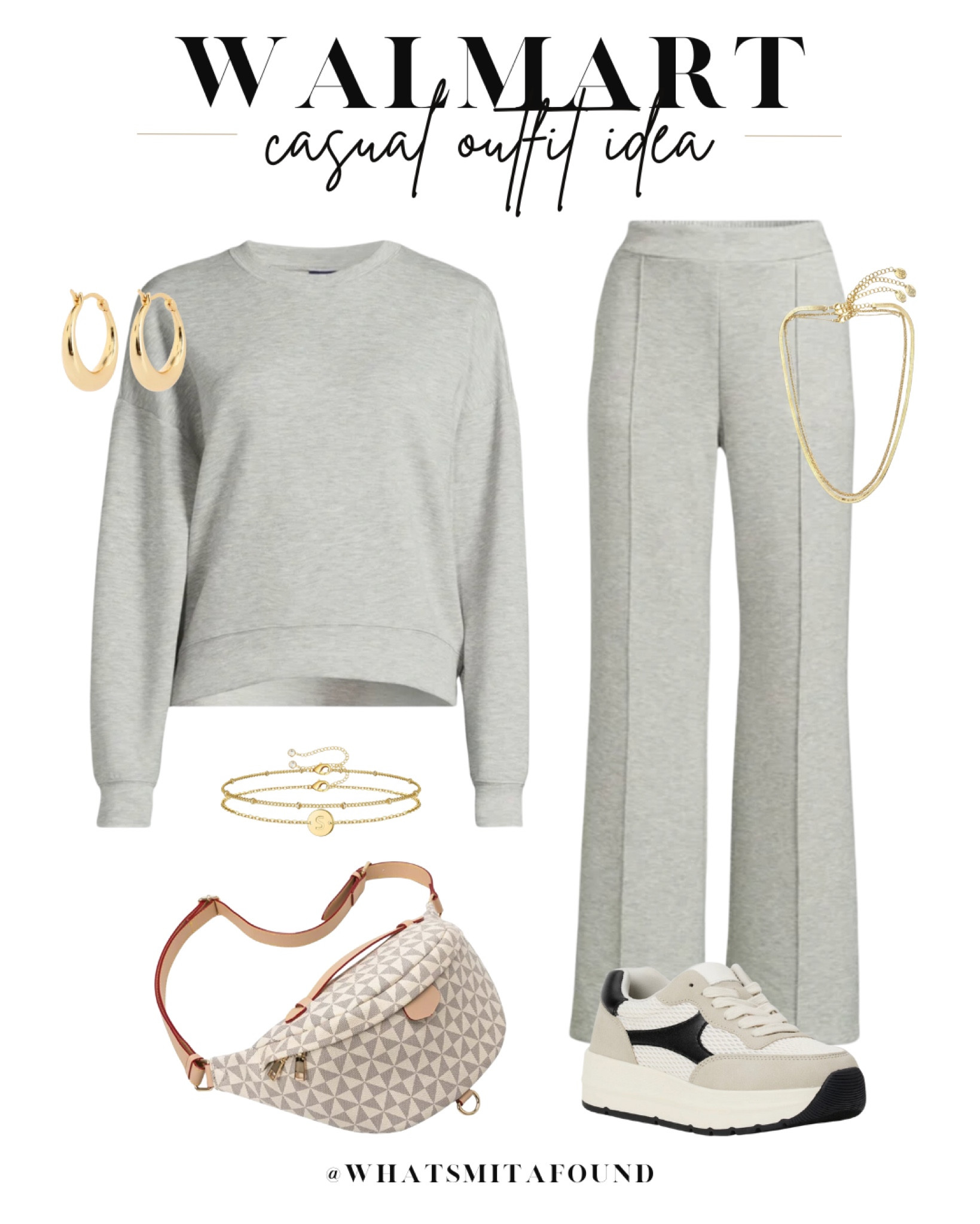 Walmart outfit idea, casual outfit idea, errands outfit idea, athleisure outfit idea, comfy outfit idea, lounge set, two piece set, matching set, comfy set, bum bag, check bum bag, designer inspired bum bag, sneakers, color block sneakers, trendy sneakers, layered necklaces, gold necklaces, gold hoops, mini hoops, bracelet set, dainty bracelets 

#LTKshoecrush #LTKitbag #LTKfindsunder50