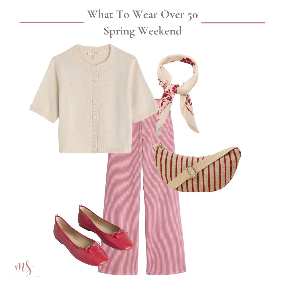 Spring casual weekend outfit with wide leg stripe jeans, red ballet flats, crop cardigan and neck tie

#LTKover50style #LTKspring #LTKuk