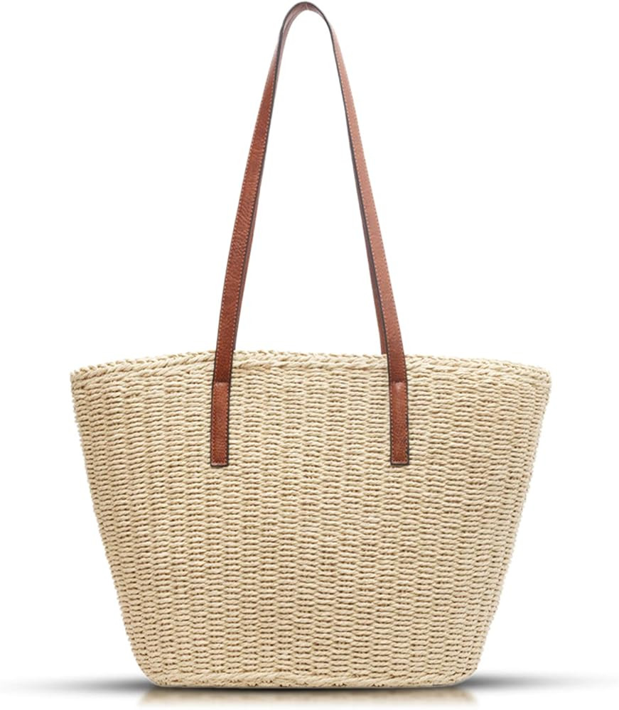 Straw Bag, Summer Beach Bag for Women, Hand-Woven Soft Handbag Large Capacity Beach Tote, Woven B... | Amazon (US)