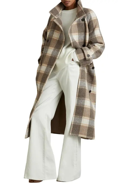Reiss Piper Plaid Wool Blend Coat in Neutral Check at Nordstrom, Size 8 | Nordstrom