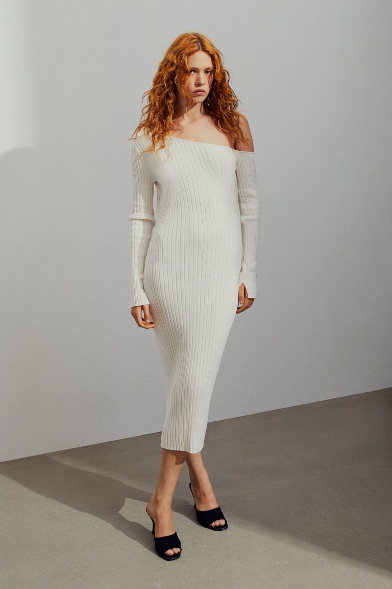 Rib-knit One-shoulder Dress - White - Ladies | H&M US | H&M (US + CA)