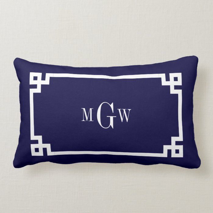 Navy Blue Wht Greek Key 2 Framed 3 Ini Monogram Lumbar Pillow | Zazzle