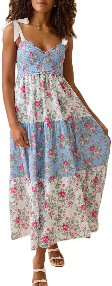 Women Summer Boho Maxi Dress Floral Tie Shoulder Flowy Long Dress Square Neck Ruffle Tiered Beach... | Amazon (US)
