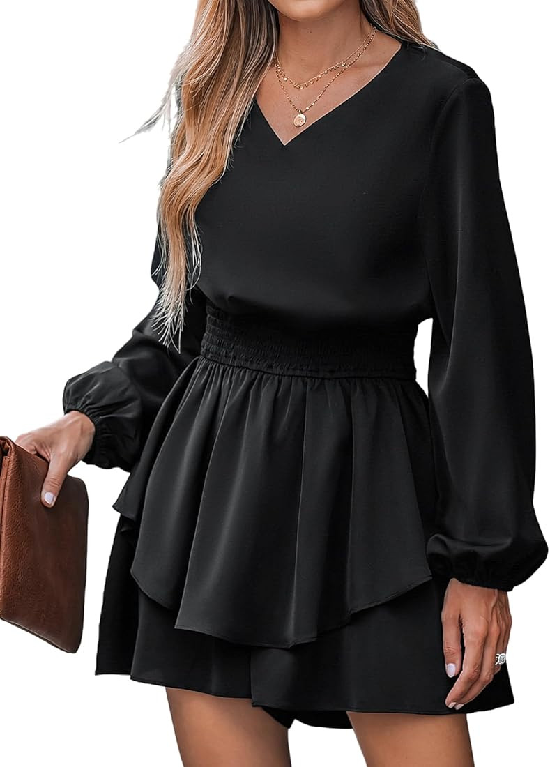 CUPSHE Women's Smocked Peasant Sleeve Ruffled Mini Romper Long Sleeves Rompers V-Neck Jumpsuits C... | Amazon (US)