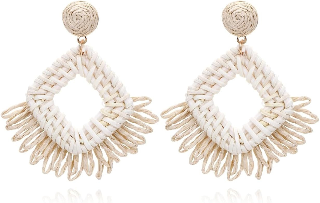 Handwoven Boho Raffia Rattan Drop Earrings Straw Wicker Flower Geometric Statement Earrings for W... | Amazon (US)