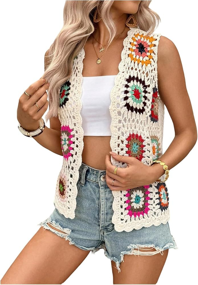 Verdusa Women's Boho Floral Open Front Crochet Sweater Vest Vacation Hollow Out Lightweight Cardi... | Amazon (US)