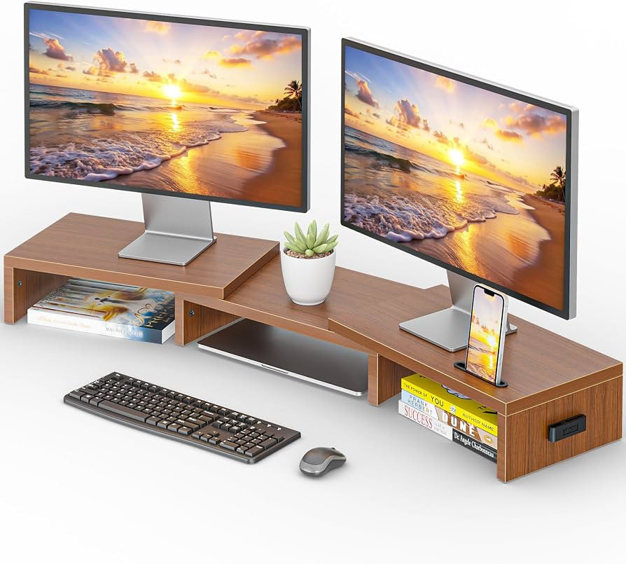 BONTEC Dual Monitor Stand Riser, Adjustable Length & Swivel Angle, Walnut | Amazon (US)