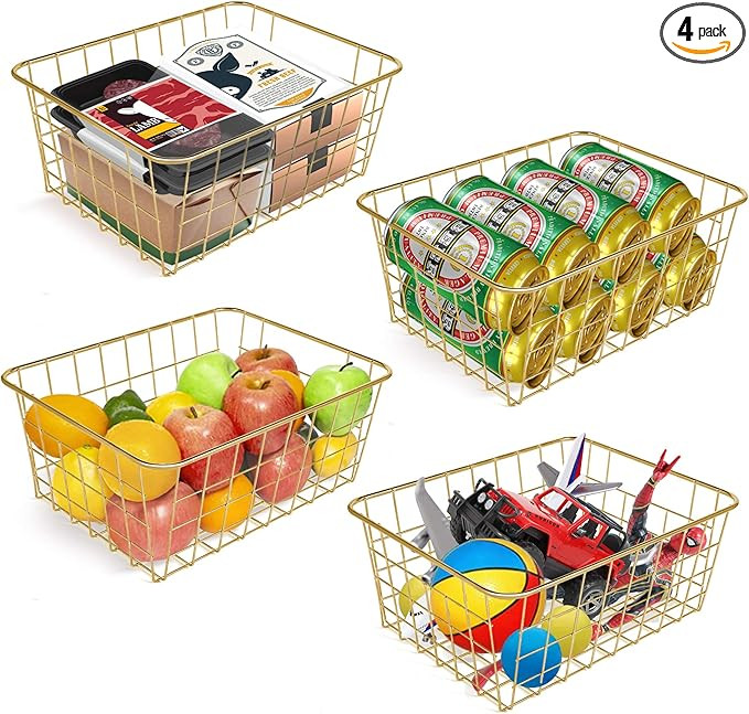 Wire Baskets for Storage Pantry, 4 Pack, 11 x 8.7 x 4.7 in, Golden Metal | Amazon (US)