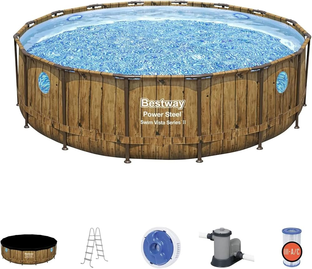 Bestway Power Steel Swim Vista Series II 16' x 48" Round Above Ground Outdoor Swimming Pool Set w... | Amazon (US)