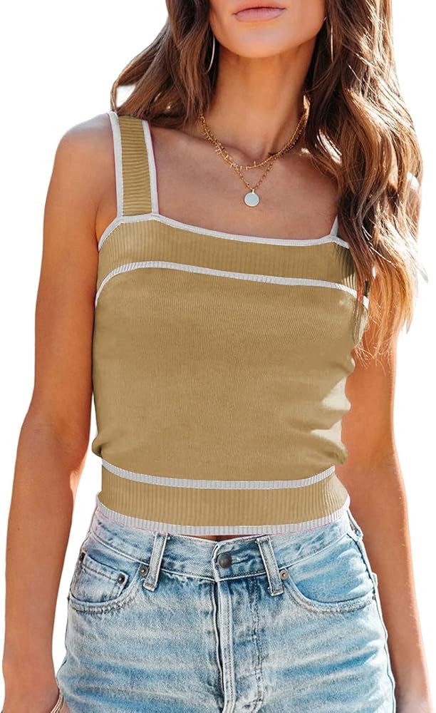 Dokotoo Women's Square Neck Knit Crop Tank Tops 2024 Slim Fit Y2K Color Block Sleeveless Cami Shi... | Amazon (US)