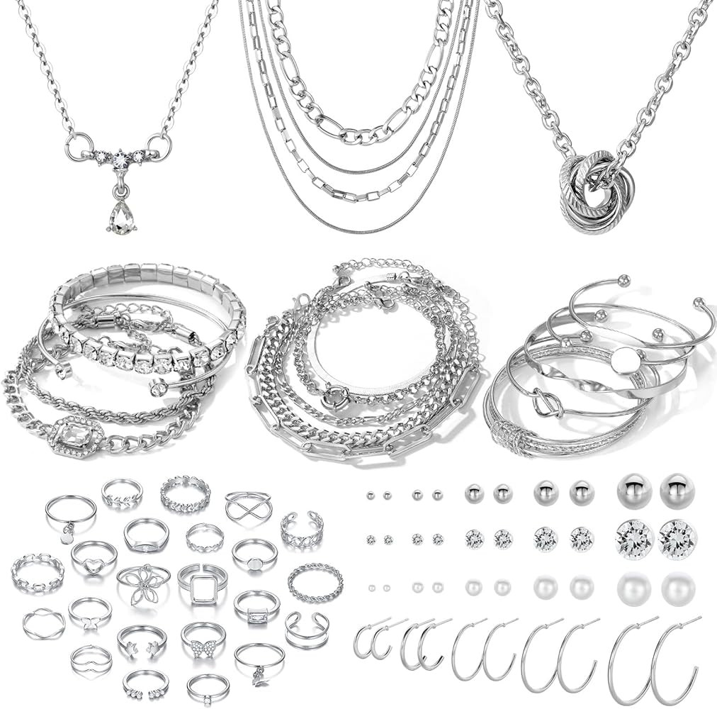 IFKM 36 PC Silver Plated Jewelry Set With 3 Necklace, 12 Bracelet, 7 Ear Cuffs Earring, 14 Knuckl... | Amazon (US)