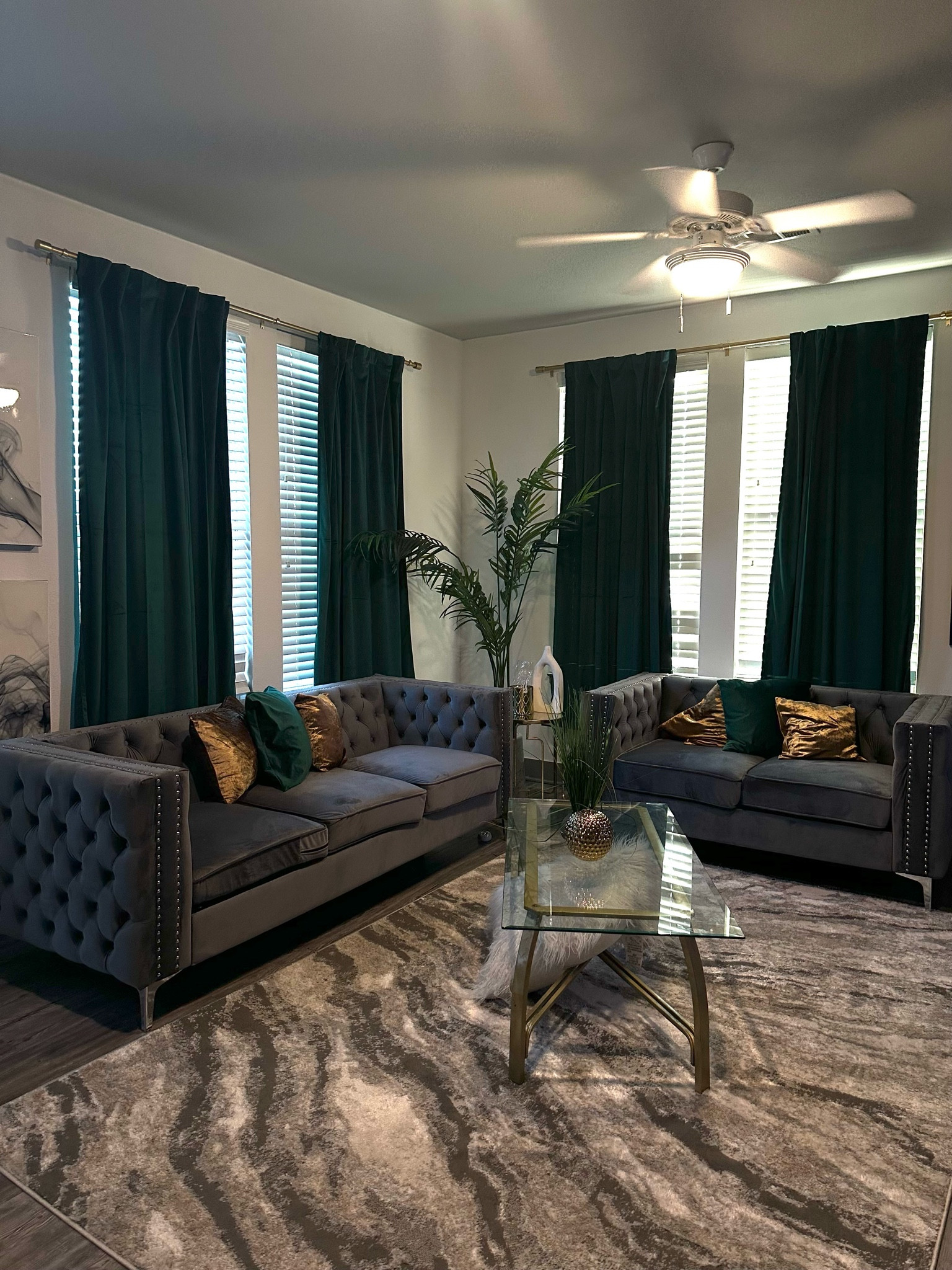 Gray Valvet Sofa
Notes:
- the gold and green pillow covers i personally purchased.
-couch is not super comfy 