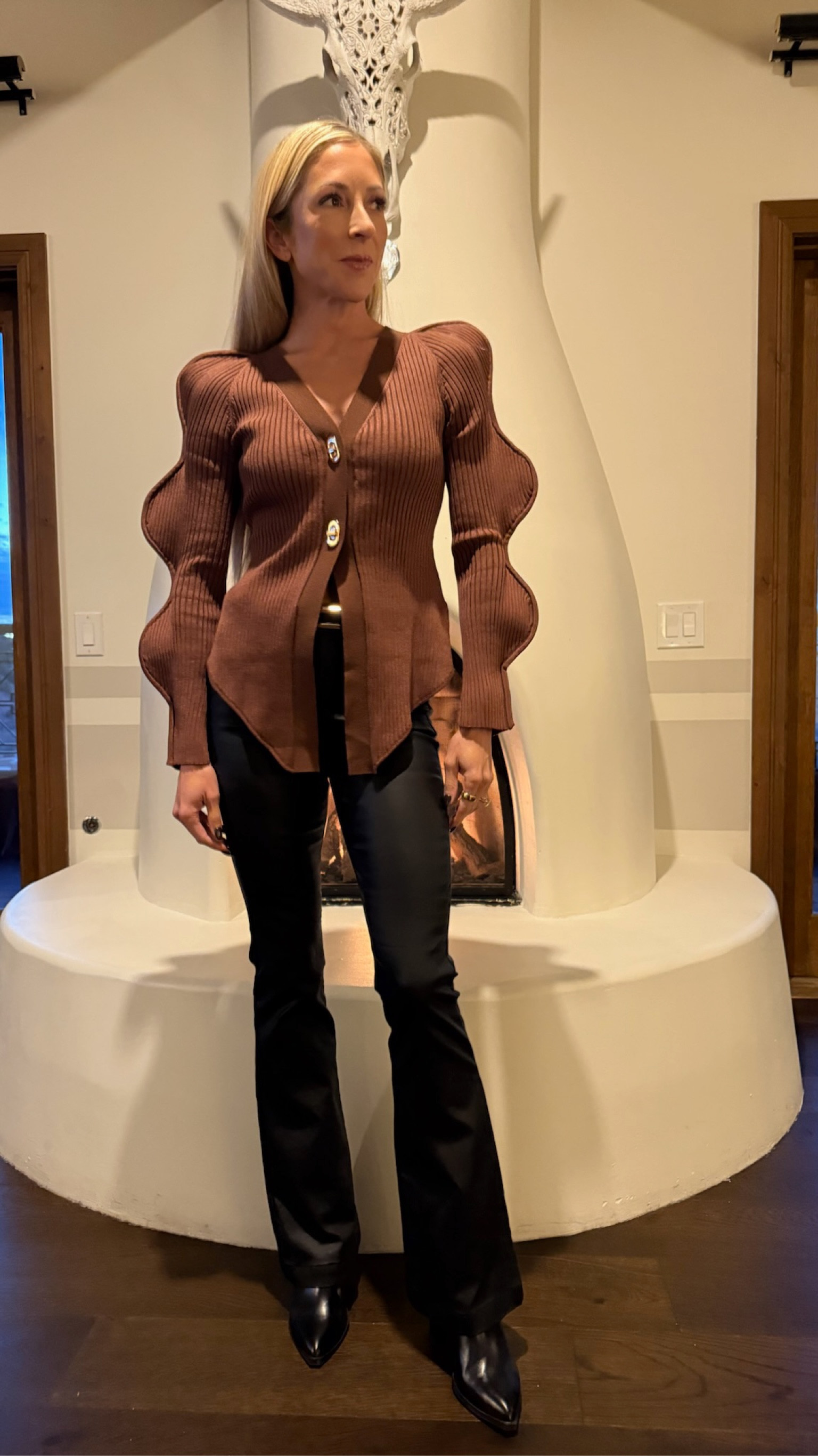 Statement piece top - it’s so comfortable and flattering - from Amazon 🤎 wearing XS

Leather pants from wal mart - Sofia brand. No longer available and I keep looking because I have brown ones I love too!

Boots from Amazon true to size and so so comfortable to wear for long periods of time 