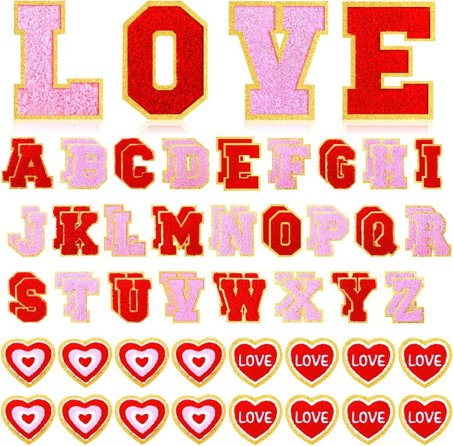 62 Pcs Valentine's Day Patches Chenille Red Heart Shape Iron on Patches Self Adhesive Letters Sew... | Amazon (US)