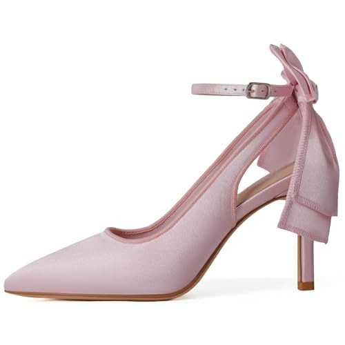 RIBONGZ Heels for Womens Bow Pink Heels with Strappy Wedding Satin Shoes for Bride Closed Pointed Toe Stiletto Slingback Pumps Sexy Ankle Strap Prom Dressy Party Bridesmaid Shoes 9.5 | Amazon (US)