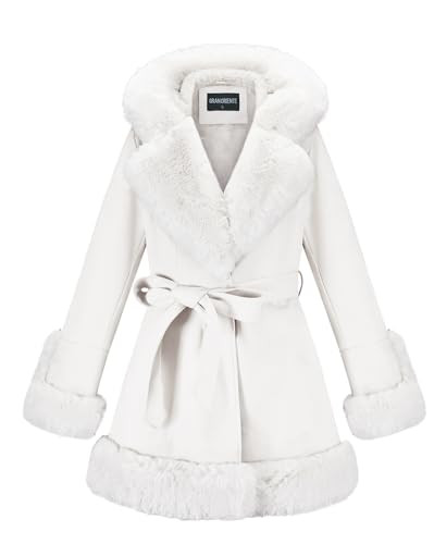 GRAN ORIENTE Faux Leather Jacket for Women with Faux Fur Collar Long Sleeve Fuzzy Parka Overcoat with Warm Trimmed Winter Peplum Coat Belted (GK024 White 2XL) | Amazon (US)