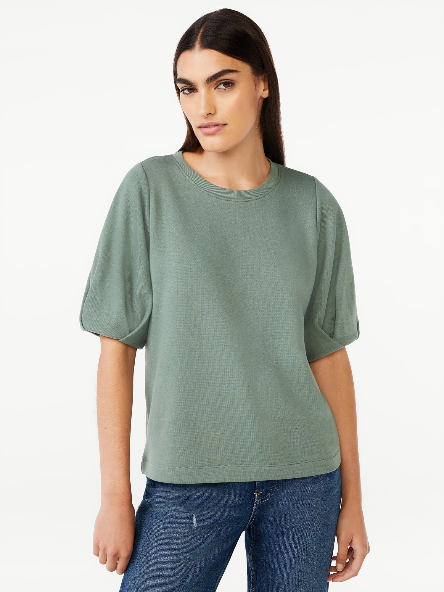 Free Assemlby Women's Pleated Sleeve Crewneck Top - Walmart.com | Walmart (US)