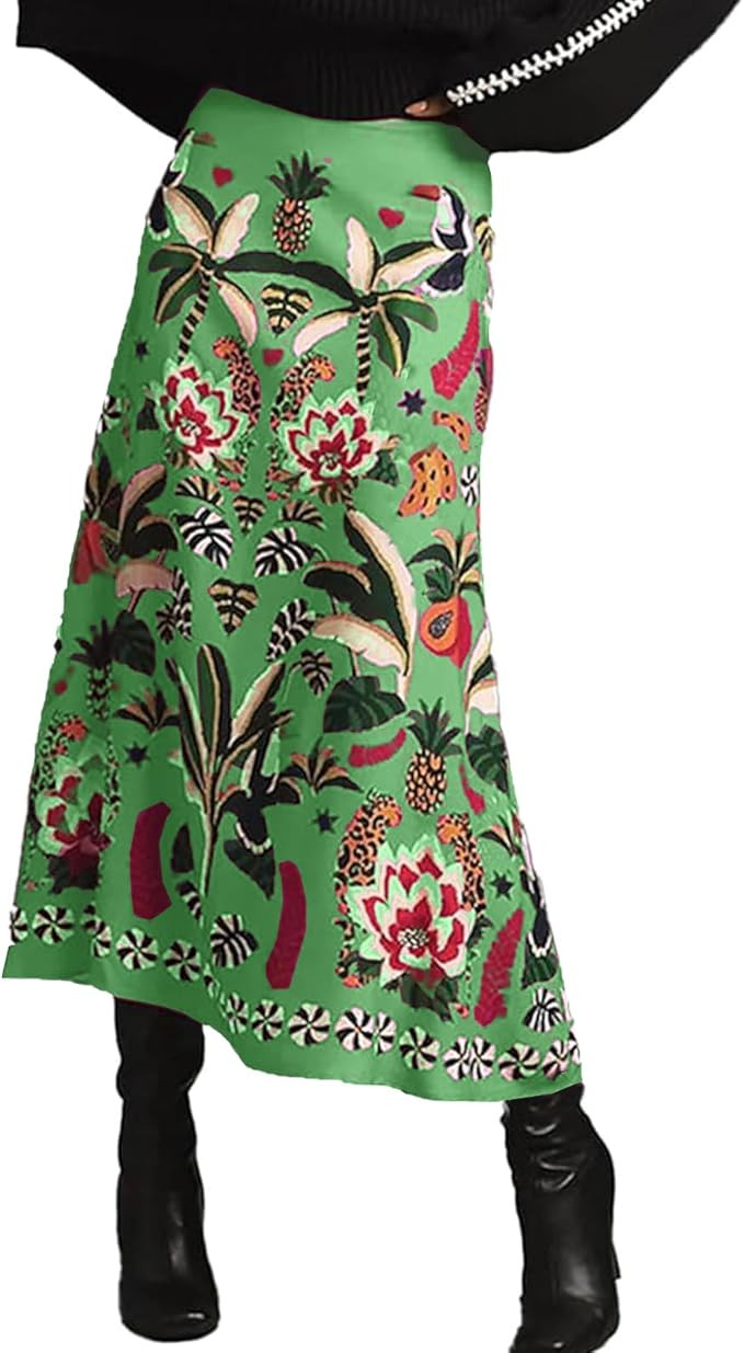 Womens Midi Skirt Tropical Floral Print Plant Fun Elastic Waist Spring Summer Flowy A Line Long S... | Amazon (US)