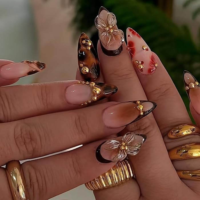 Medium Almond 3D Brown Gold Flower Press on Nails-‎ Tortoiseshell Leopard French Tip Blossom Gr... | Amazon (US)
