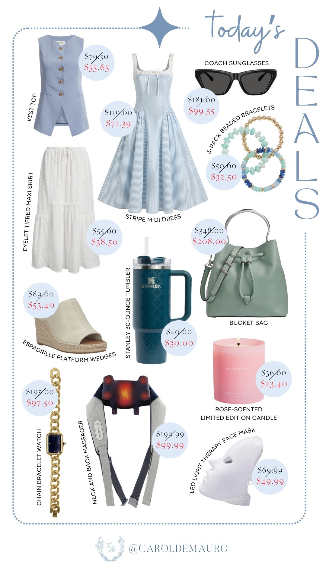 Today's deals are officially here! Shop chic wardrobe staples including a stripe midi dress, vest top, tiered skirt, and wedges. Alongside everyday essentials like the Stanley tumbler, Coach sunglasses, and the latest in self-care tech. Don't miss the bucket bag, beaded bracelets, chain watch, massager, rose candle, and LED face mask before they're gone!

on sale now, fashion inspo, classy accessories, summer essentials, beauty tips, beauty finds, home decor