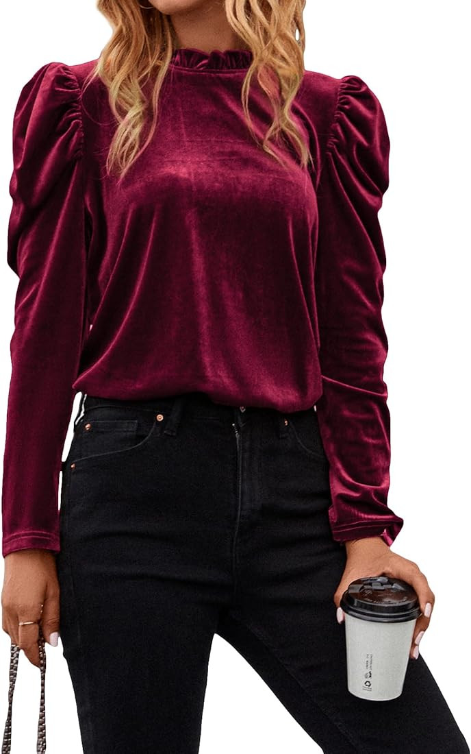 Floerns Women's Puff Long Sleeve Mock Neck Velvet Party Blouse Tops | Amazon (US)