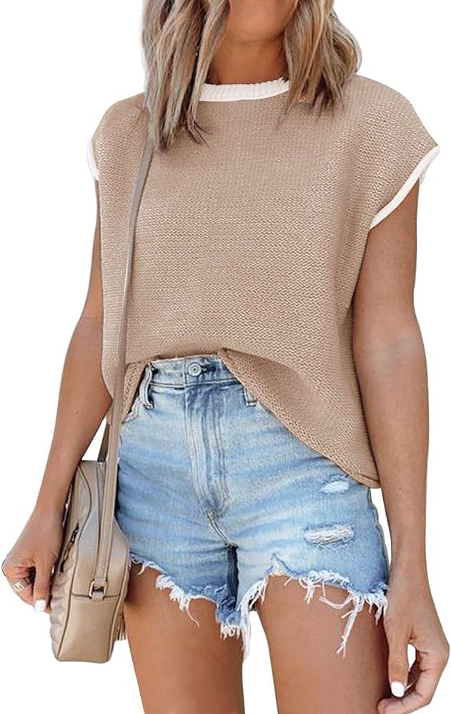 Womens Cap Sleeve Sweater Vest Summer Tops Sleeveless Tank Tops 2024 Trendy Spring Clothes Stripe... | Amazon (US)