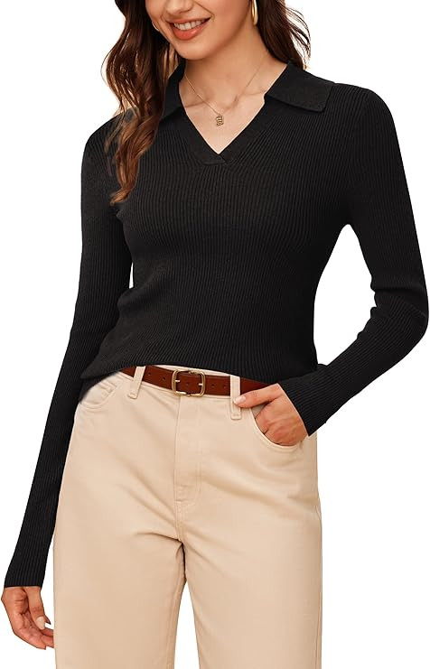 Arach&Cloz Women's Wool Blend Polo Sweater Shirt Business Casual Slim Fitted Fall Tops 2025 | Amazon (US)