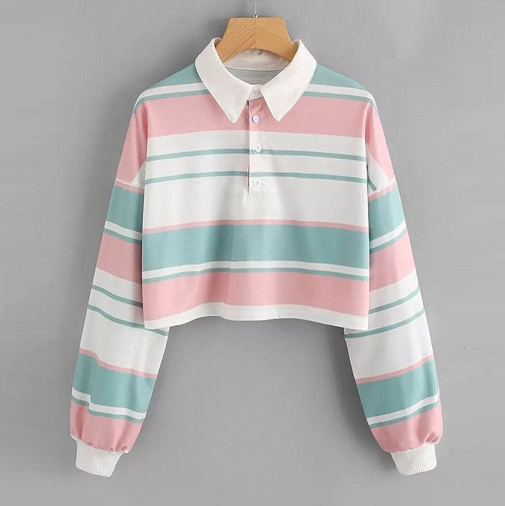 Women's Stripe Crop Sweatshirts Long Sleeve Button Up Polo Hooded Patchcolor Sports Pullover Top Blo | Amazon (US)