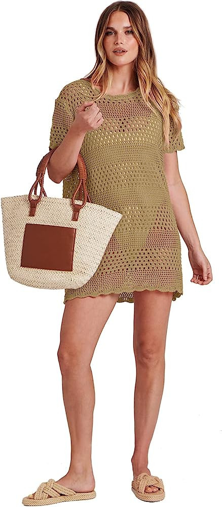 ANRABESS Women Tan Swimsuit Crochet Swim Cover Up Crochet Dress Cover Up Dress Swim Cover Ups Amazon | Amazon (US)