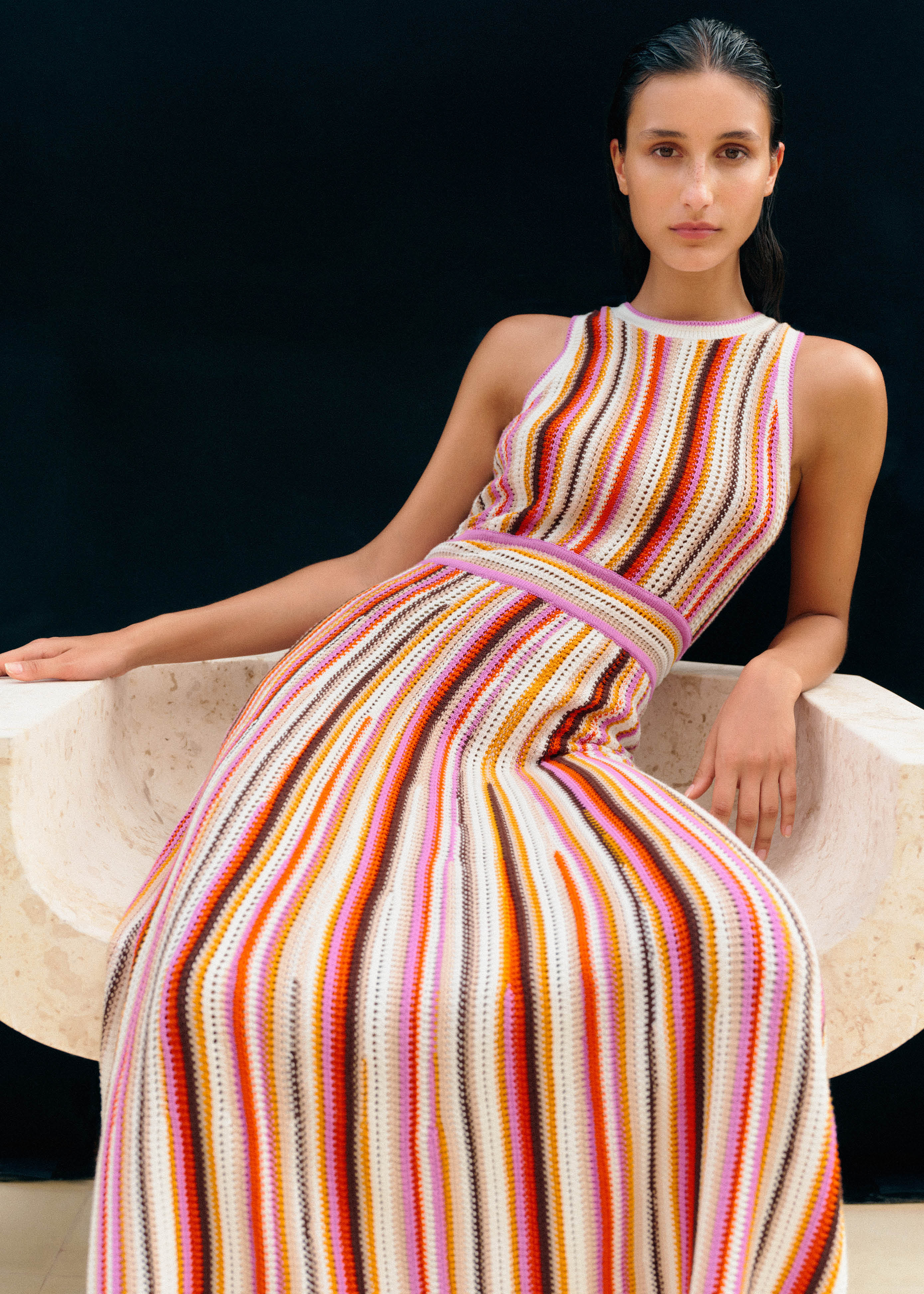 Women's Purple Textured Stripe Halterneck Knit Maxi Dress | ME+EM | ME+EM US