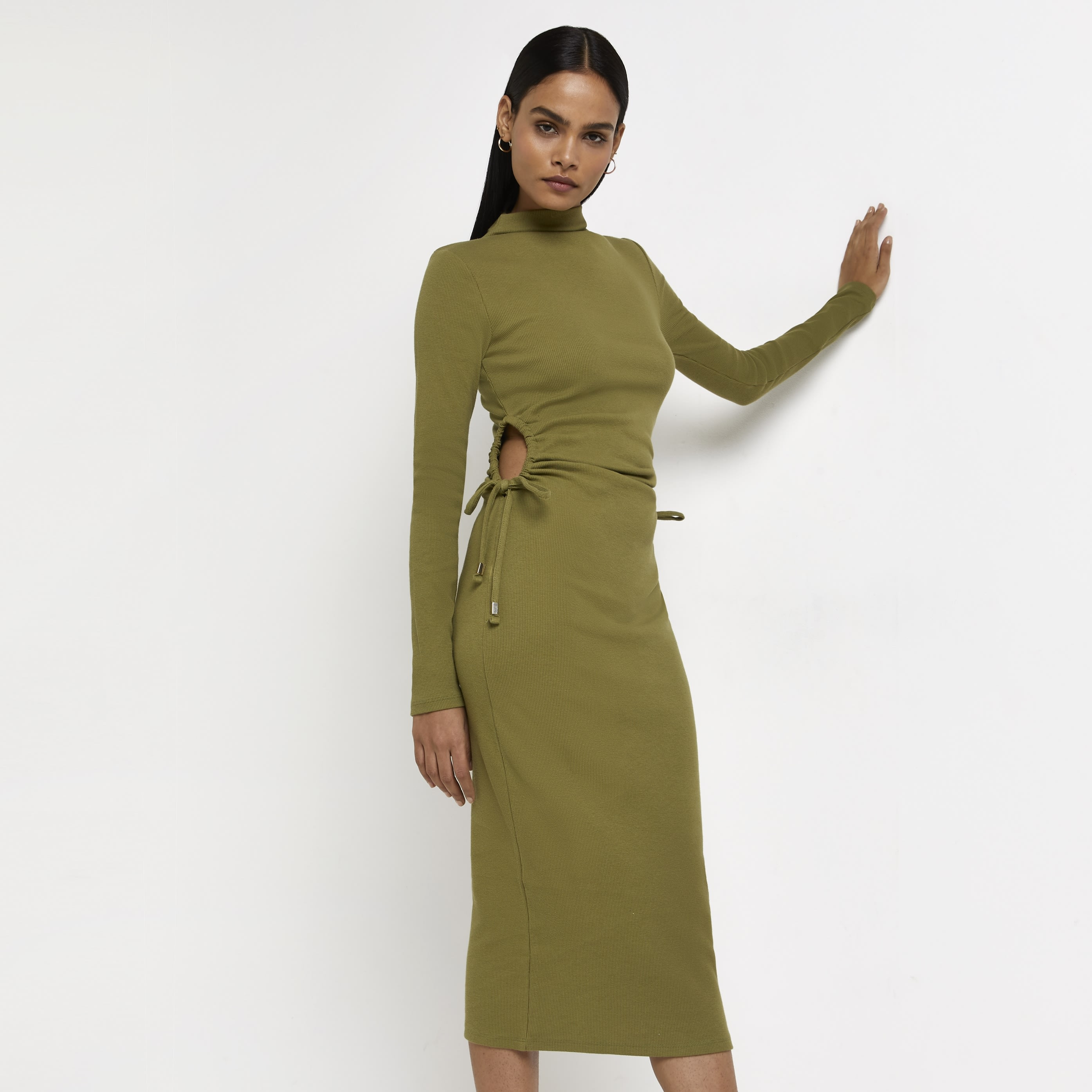 River Island Womens Khaki cut out bodycon midi dress | River Island (UK & IE)