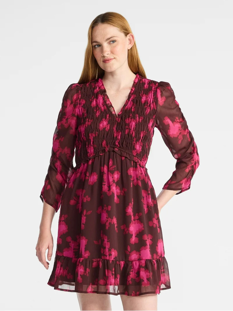 Time and Tru Women's Smocked Chiffon Mini Dress with Long Sleeves, Sizes XS-XXXL | Walmart (US)